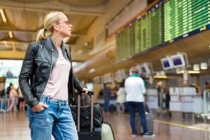 Casually dressed young stylish female traveller checking a departures board at the airport terminal hall in front of check in couters. Flight schedule display blured in the background. Focus on woman.