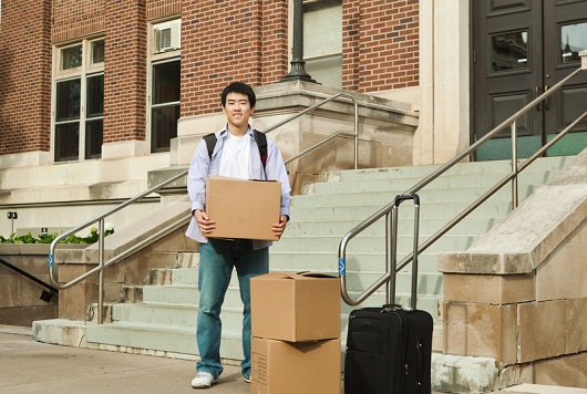 Asian Young Man Student Moving into University Campus Dormitory Hz