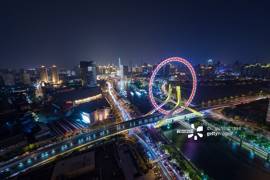 Ferris Wheel Skyline Panorama Rooftop Tianjin, China.