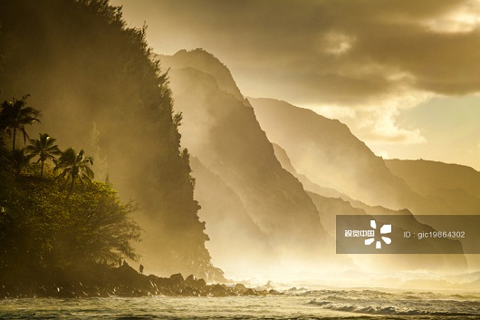 Late afternoon view of the dramatic Na Pali Coast, from Ke'e Beach, on the north shore of Kauai.